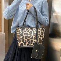 Leopard Print Womens Large Handbag Shoulder Bag Fashionable PU Shopping Bag with Small Wallet, Card Holder, ID Bag