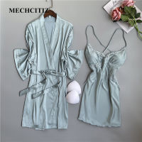 MECHCITIZ y Female Sleepwear Silk Robe Set Summer Kimono Bathrobe Lace Lingerie Wedding Night Dress Home Clothes Nightwear