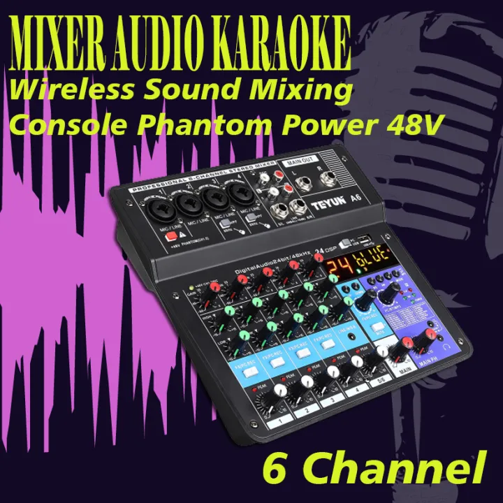 Mixer Audio 6 Channel Wireless Mixing Console Phantom Power 48V