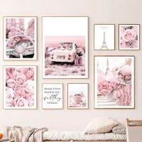 Pink Rose Paris Tower Vintage รถ Macaron เค้ก Wall Art ภาพวาดผ้าใบโปสเตอร์และพิมพ์ภาพผนังสำหรับตกแต่งห้องนั่งเล่น