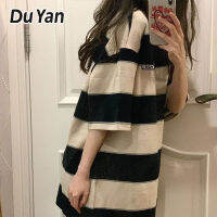 Du Yan เสื้อยืดผู้หญิงลายทาง,เสื้อแขนสั้นแบบหลวมสไตล์เกาหลี