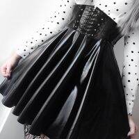 【CC】 Frauen Kunstleder Waist Bodycon Minirock Stretchy Wetlook Pleated Skirt Kleid