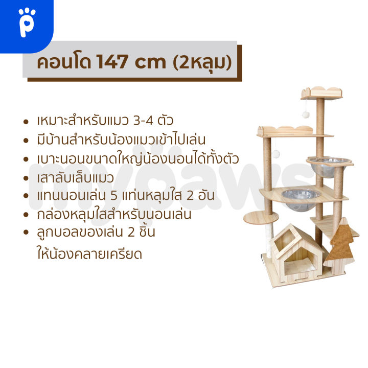 my-paws-คอนโดแมว-2-หลุม-แบบไม้-สูง-165-cm-และ-135-cm-พร้อมโดมนอนแบบใสและบันได-เสาลับเล็บทั้งต้น