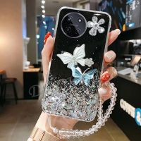 เคสสมาร์ทโฟนสำหรับ Realme11 RealmeC51 NFC Realme 11 NFC C51 4G 2023ใหม่เคสมือถือน่ารักผีเสื้อบินสองตัวตกแต่งด้วยครอบโลหะเจลกากเพชรสายคล้องมือ