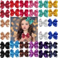 30Pieces(15 Colors In Pairs) Bling Sparkly Sequins Bows Alligator Hair Clips Baby Girls Mix Colored Solid Ribbon Hair Bows Clip