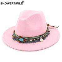 SHOWERSMILE Pink Fedora Ladies Vintage Felt Hat Women Casual Ethnic Style Large Brim Tweed Autumn Winter Jazz Cap Red Black 2022