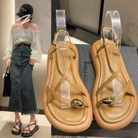 Thick heel square toe French cross strap toe Roman sandals womens 23 years summer new Korean high-heeled beach shoes 〖WYUE〗