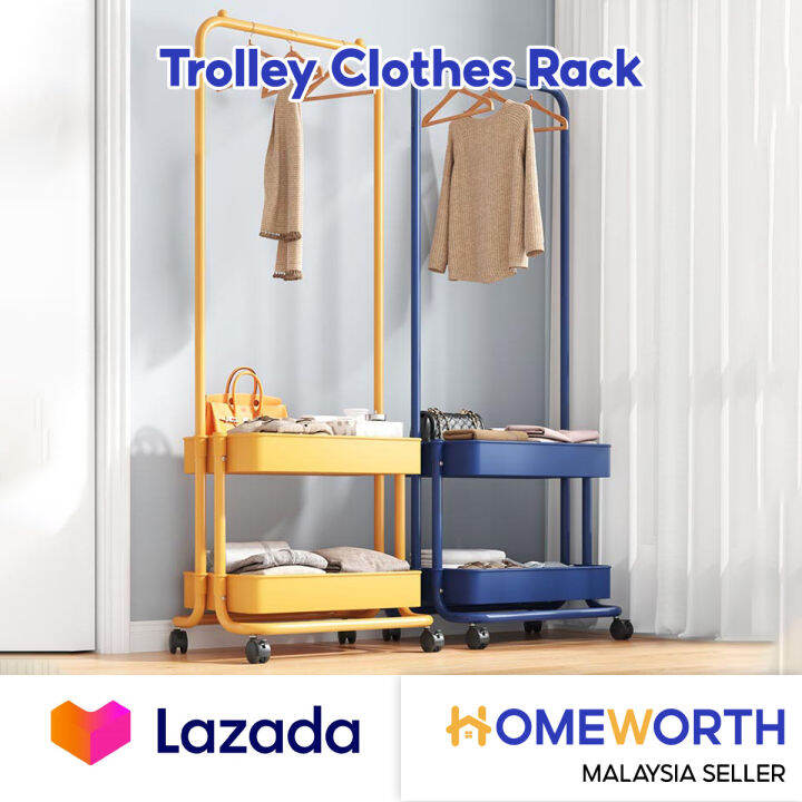 HOMEWORTH 2 in 1 Single Pole Clothes Hanger Garment Rack/Trolley
