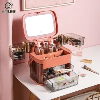 Cosmetics storage box with mirror integrated desktop home large-capacity skin care products dressing table rack makeup box