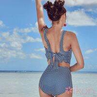 Women y Swimsuits Set Plaid Back Tie Bow High Waist Padded Wired Beachwear