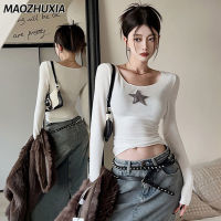 MAOZHUXIA เสื้อยืดแขนยาวเข้ารูปเสื้อยาวปิดถึงก้นสั้นใส่ด้านในดาวสไตล์เกาหลีแบบใหม่ Cewek Seksi ล้วน