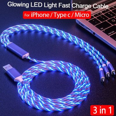 3 in 1 1m Glowing LED Light Cable Mobile Phone 5A USB Fast Charging Cable Charger For Samsung Xiaomi iPhone Charge Wire Type C Wall Chargers