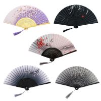 Chinese Japanese Silk Folding Fan Wooden Shank Classical Dance Fan High Quality Tassel Elegent Female Fan Home Decoration