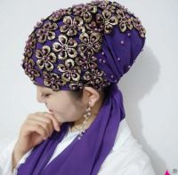 【Miki Xinyuan】 Shiny WomenFloral Gold Sequin Shawl Scarf Beading ArabWedding Fashion HijabParty Headscarf Head Wrap