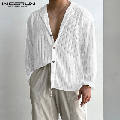 INCERUN เสื้อแขนยาวสำหรับผู้ชายแบบถักสำหรับใส่ในชีวิตประจำวัน,เสื้อแฟชั่นกระดุมแนวตั้งเสื้อเชิ้ตลายริ้ว (สไตล์เกาหลี)