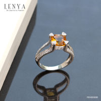 Lenya Jewelry แหวนพลอยซิทริน(Citrine) ชูช่อสวยงามด้วยบ่าข้างประดับเพชร DiamondLike บนตัวเรือนเงินแท้ชุบทองคำขาว