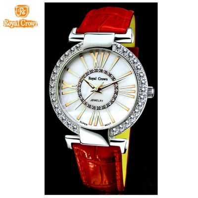 Royal Crown นาฬิกาข้อมือผู้หญิง สายหนังแท้ ประดับเพชร cz อย่างดี รุ่น 6116 (White)