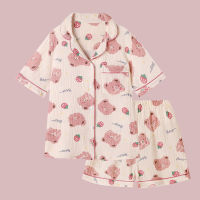 【JH】100% Cotton Strawberry Pajamas for Women Kawaii Suits with Shorts Summer 2022 Pijama Funny Bear Print Sleepwear Cute Pyjamas