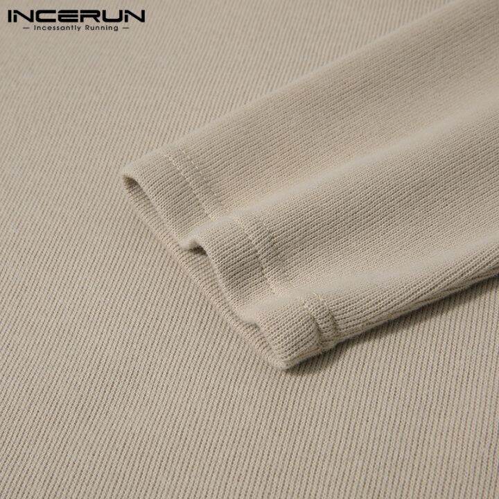 incerun-เสื้อท็อปคอกลมแขนยาวผ้าถักสีพื้นสําหรับผู้ชาย