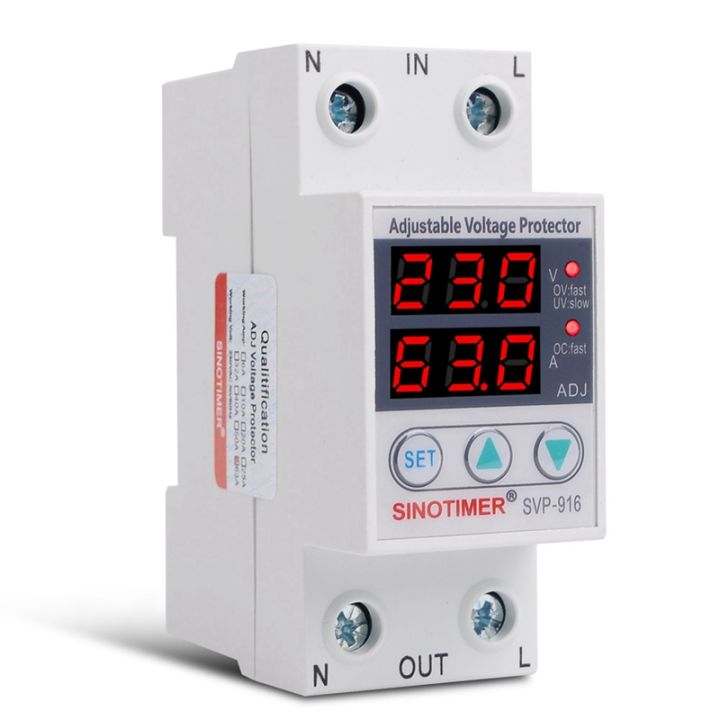 sinotimer-home-voltage-surge-protector-usage-dual-led-display-voltage-surge-protector-63a-din-rail-voltage-surge-protector-230v-adjustable-voltage-surge-protector-relay-with-limit-current-protection