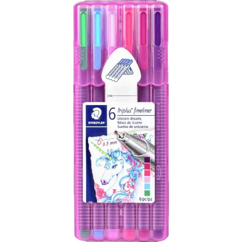 Staedtler TriPlus Fineliner Stick Porous Point Pen, 0.3mm, Assorted Ink, Silver Barrel, 6/Set