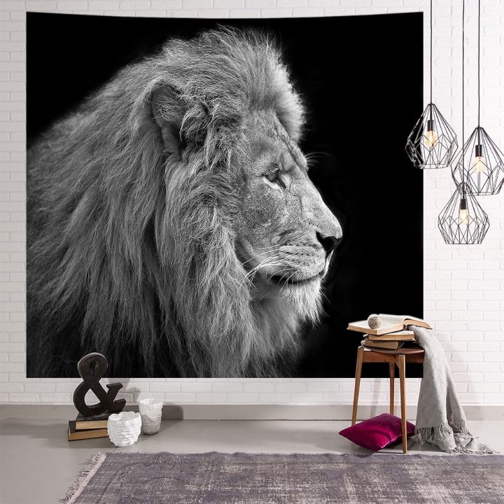 warm-nordic-ins-animal-tapestry-american-home-decoration-hanging-cloth-mural-beach-towel-tapestry-black-and-white-lion-printing-blanket