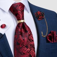 Luxry Tie Red Paisley Black Men 39;s Ties Wedding Accessories Neck Tie Handkerchief Cufflinks Lapel Pin Gift For Men DiBanGu