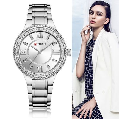 （A Decent035）Curren Women WatchWatch For Female Fashion Ladies Wristwatches Iced Out Dimaond Reloj Mujer SilverClock