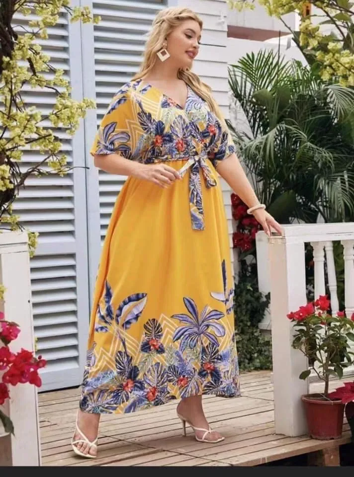 yellow floral plus size womens fashion maxi party v neck elegant hawaiian  sleeve dress for women | Lazada PH