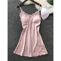 COD ﹉ชุดนอนผ้าไหมเซ็กซี่สำหรับผู้หญิง Sexy womens pajamas new suspenders nightdress with chest pad