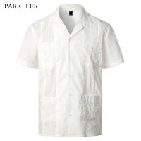 Embroidery Floral Patchwork Shirts for Men Casual Multi-Pocket Mens Short Sleeve Shirt Cuban Camp Guayabera Ethnic Men Clothing