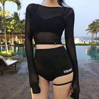 3pcs swimsuit set women surfing suit black solid sexy gauze split type bikini summer maillot de bian femma high elasticity fast dry