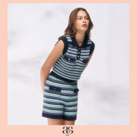 [asv pf23] Leyla Stripe Knitted Polo เสื้อผู้หญิง ทรงครอป คอปกโปโล แขนกุด ตกแต่งกระเป๋าหน้า  ผ้านิตทอลายทาง