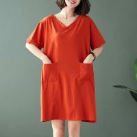 [COD] v-neck dress large size summer loose Korean version of the long fat thin short-sleeved trendy wholesale