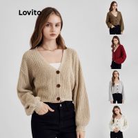 ✚♙ Lovito Casual Plain Long Sleeve Button Sweater Knitted Cardigan for Woman L21LT091 (Khaki/White)