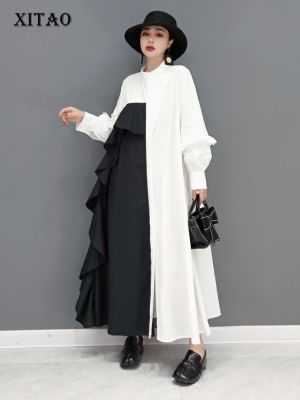 XITAO Dress Asymmetrical Contrast Color Ruffles Fashion Women Shirt Dress