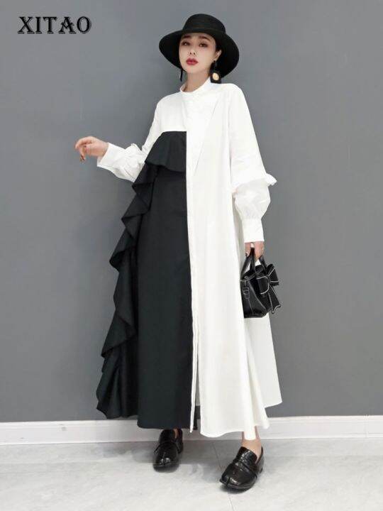 xitao-dress-asymmetrical-contrast-color-ruffles-fashion-women-shirt-dress