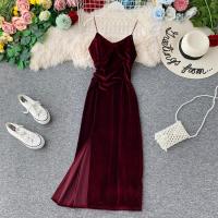 2020 New Women Vintage Velvet Dress Summer Spaghetti Strap V-neck Sexy Bodycon Dress Ladies Elegant Party Long Robe Vestidos