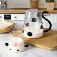 Cow Glass Water Pitcher With Glass Cup 500Ml V-Shaped Spout Cow Glass Jug Heat Resistant Cute Clear Cow Glass Pitcher With Cup