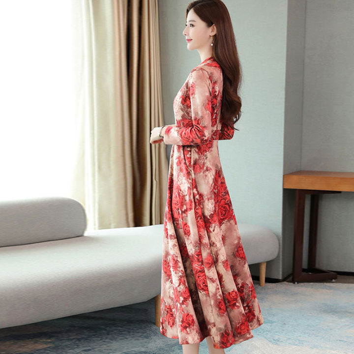 xiang-nian-niแขนยาวชุดผู้หญิงสบายๆดอกไม้vคอa-lineชุดยาว
