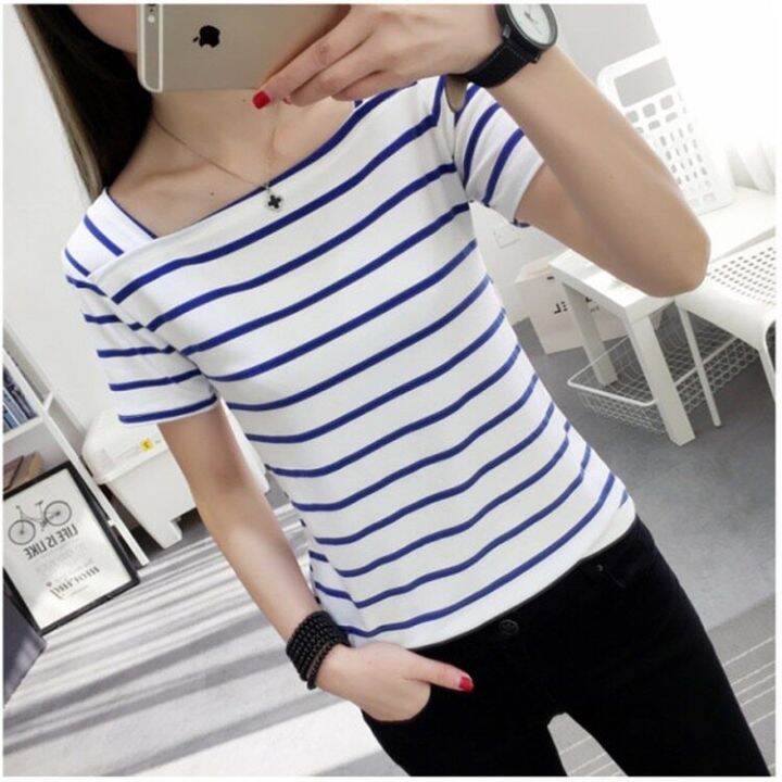 may-shopรุ่น-319-สไตล์เกาหลีรุ่นใหม่หลวมและบางแนวโน้มขนาดใหญ่เสื้อยืดแขนสั้นผู้หญิงลายทางในฤดูร้อน-bottoming-พร้อมส่ง