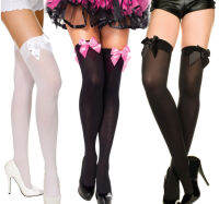 Modelhouses # Womensoomph Stockings,ถุงเท้าสีทึบติดโบว์,ถุงน่องผิวเงาเหนือเข่า,ถุงเท้ารัดต้นขาแฟชั่นป่า