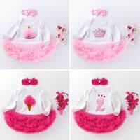 [COD] Baby dress toddler shoes hair accessories three-piece birthday suit pink yarn cartoon long-sleeved romper baby suit