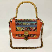 WelcomeWinter กระเป๋าหนังแท้ผสมผ้าไทย รุ่น Lady Bamboo Orange Size 24 x 19 x 9.5 cm.