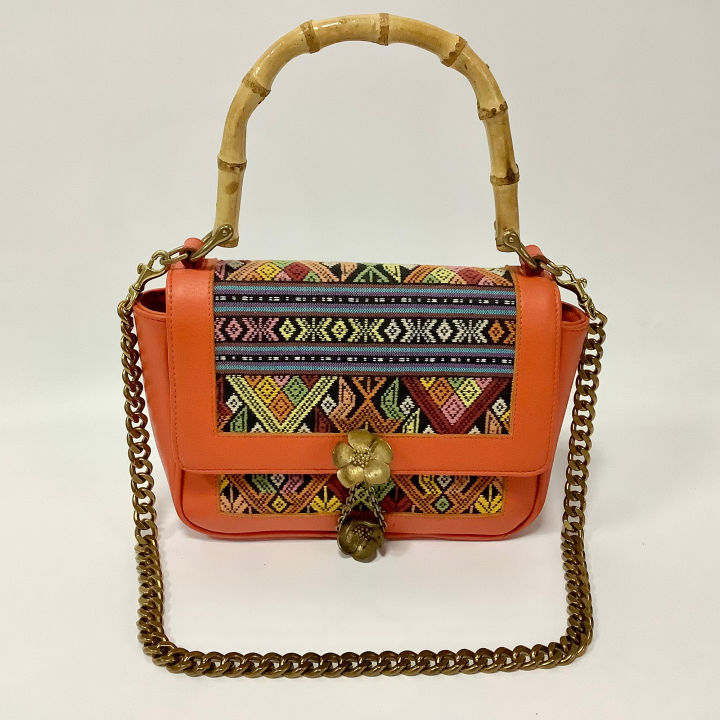 welcomewinter-กระเป๋าหนังแท้ผสมผ้าไทย-รุ่น-lady-bamboo-orange-size-24-x-19-x-9-5-cm