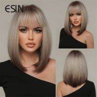 ESIN Synthetic Medium Long Straight Hair with The Top Dark Color Ombre Brown Wigs for Women Heat Resistant Natural