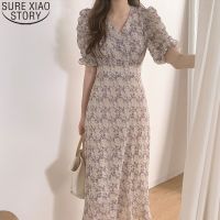 2023 Summer Korean Elegant dress vintage Floral Print High Waist V-neck Short Sleeve Fashion Casual Ankle-length Dresses 9813