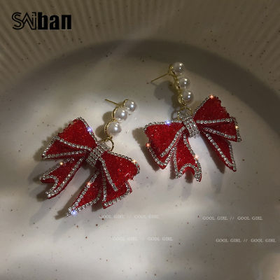 เกาหลี S925 เงินเข็มเพชรแดงต่างหูมุกกุทัณฑ์Korean S925 Silver Needle Red Diamond Bowknot Pearl Earrings
