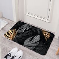 Black background leaf pattern bathroom mat modern style soft bedroom floor house laundry room mat non slip welcome door mat.