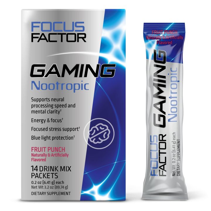 เครื่องดื่มผงสำเร็จรูป-บำรุงสมอง-สูตรนักเล่นเกม-focus-factor-gaming-nootropic-fruit-punch-14-drink-mix-packets